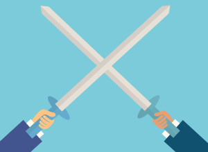 two business man fighting with sword,business concept,illustrati