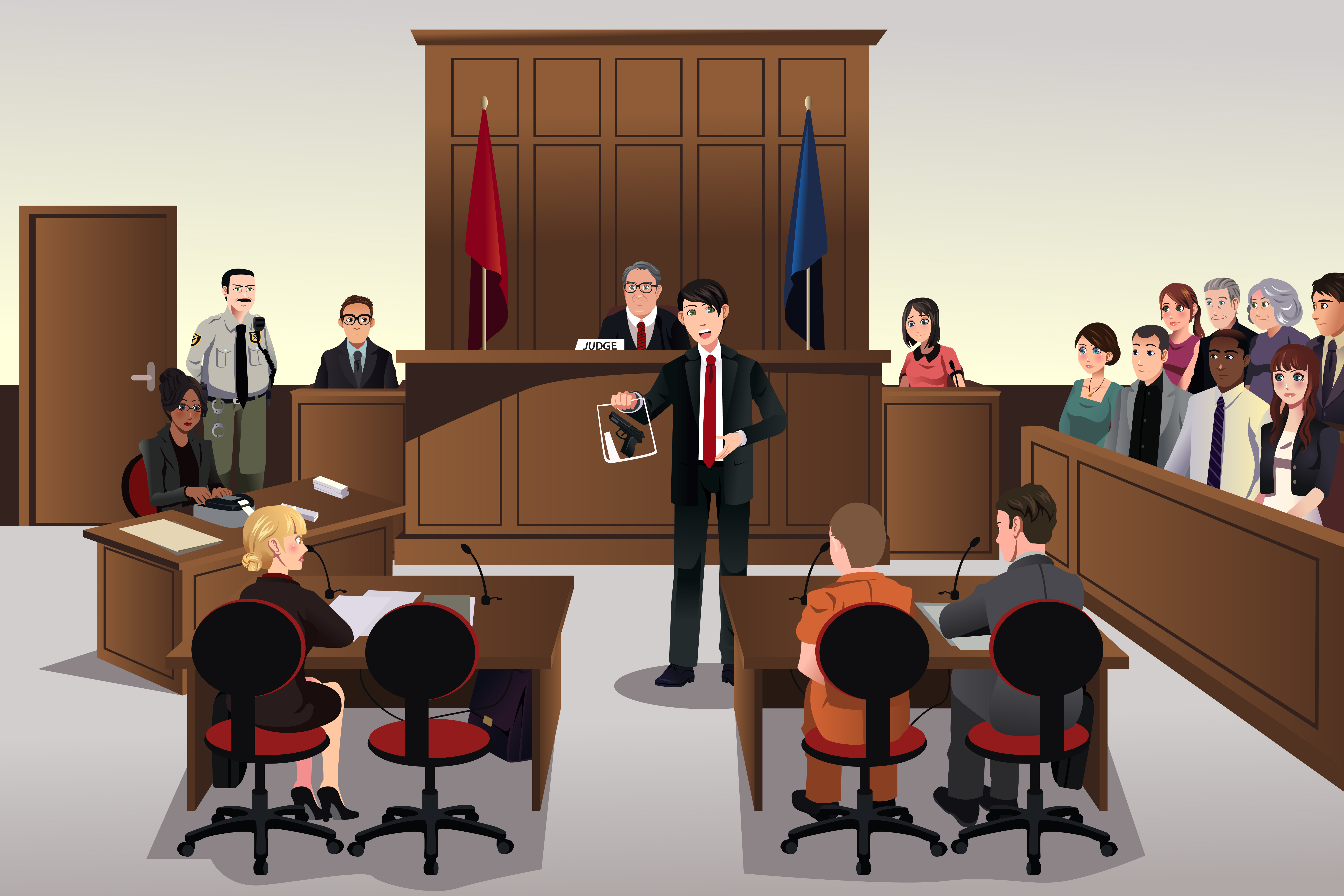 A lawyer giving arguments during a trial to prove the innocence of his client.